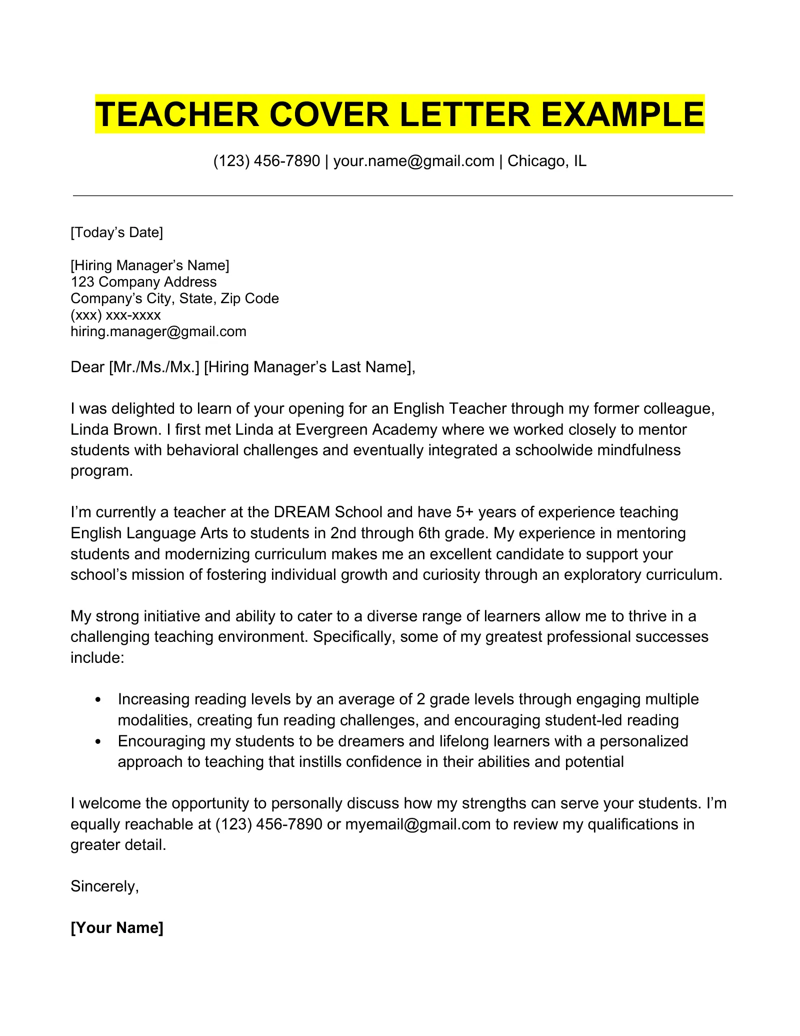 38250 elementary school teacher cover letter