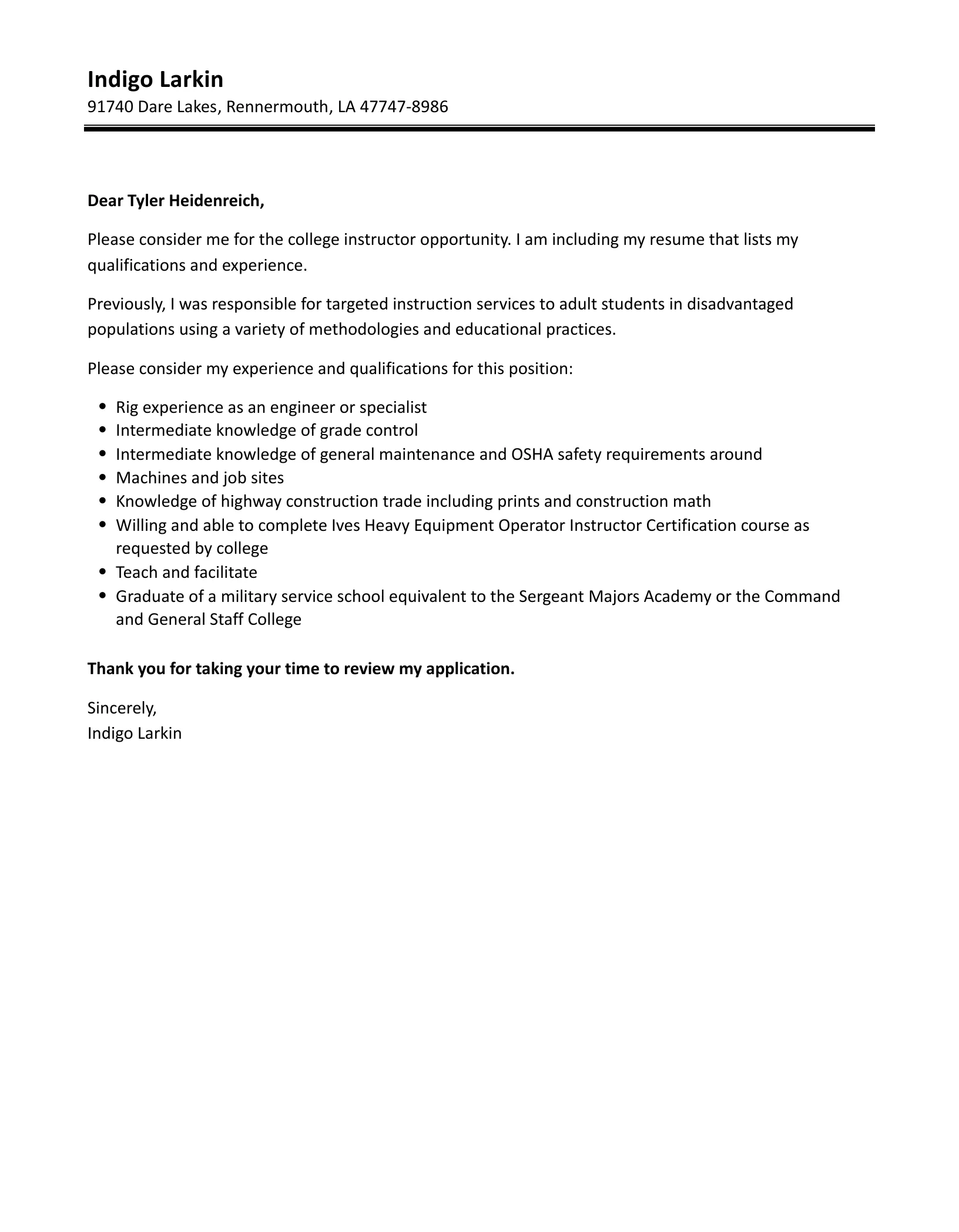 38267 instructor cover letter qualifications