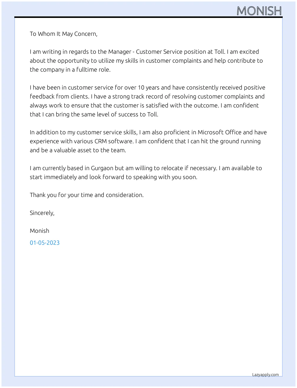 38320 customer service manager cover letter